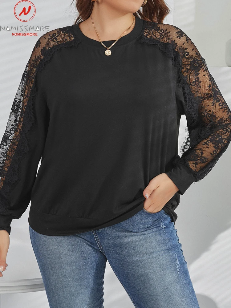 

Plus Size Streetwear Solid Color T-Shirts Patchwork Design Lace Decor See Through O-Neck Long Sleeve Casual Loose Pullovers Top