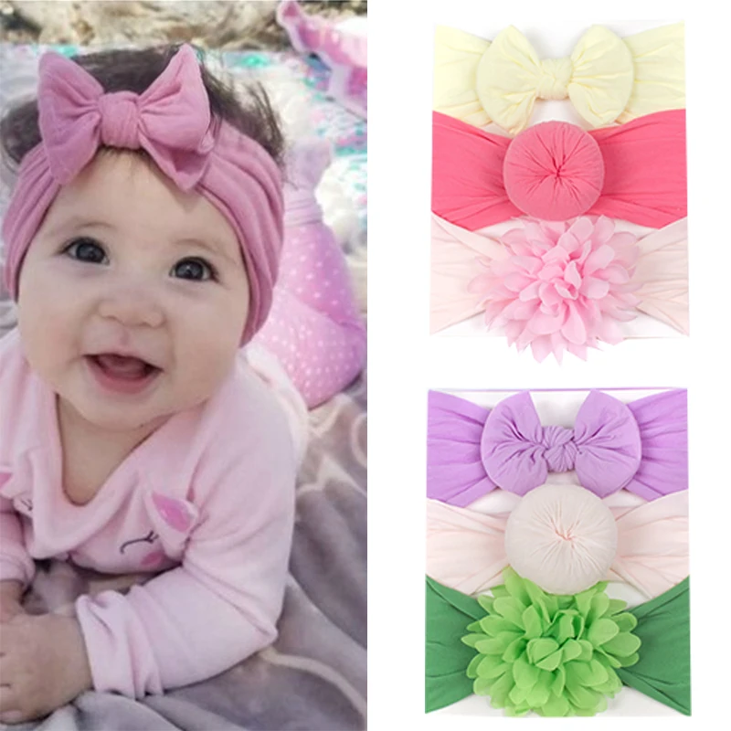 

3Pcs/Set Solid Color Soft Nylon Elastic Baby Headband Bows Knotted Newborn Baby Girl Headbands Hair Accessories Girls Haarband