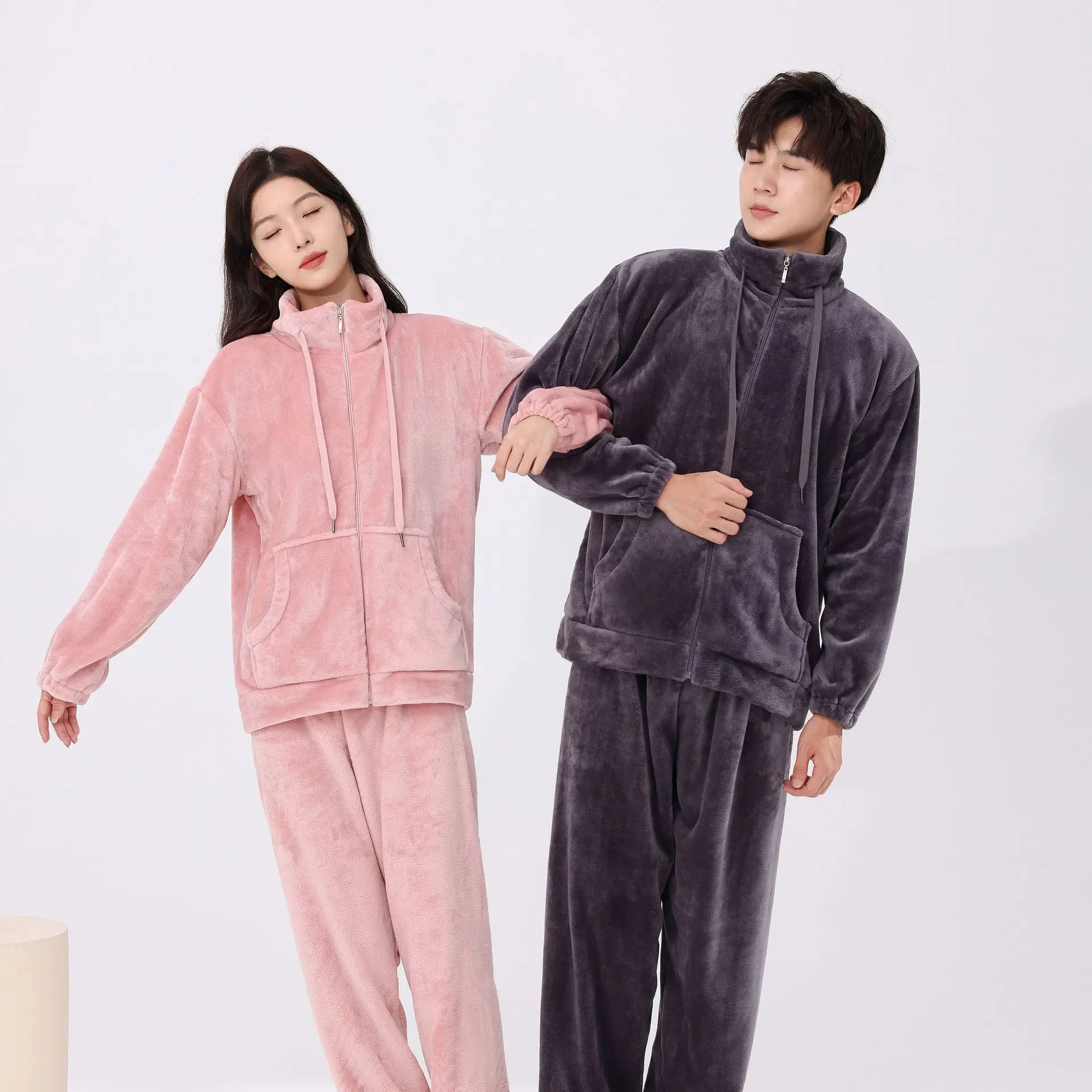 Solid Color Suit For Women and Men Thicken Autumn And Winter Keep Warm Zipper Stand Collar Pocket Design