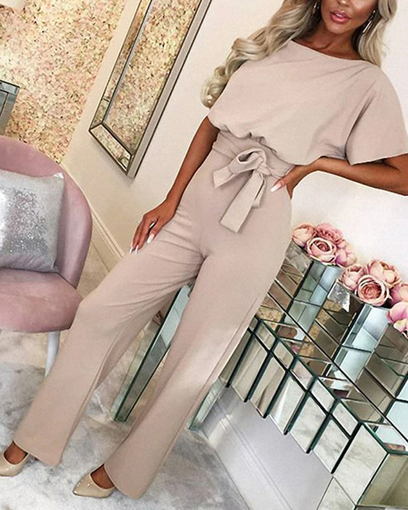 Summer Women Elegant Short Sleeve Batwing Sleeve Keyhole Back Belted Jumpsuit Office Lady Long Pants Oversized One Piece Suit