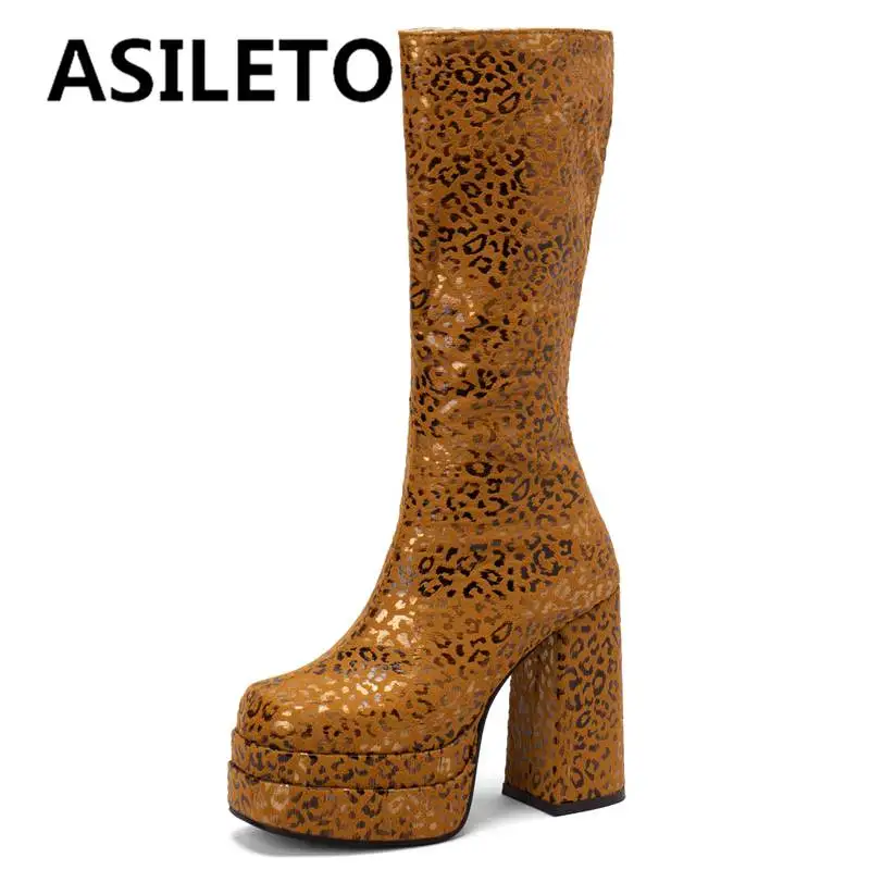 

ASILETO Women Knee High Boots 30cm Shaft Flock Square Toe Block Heel 12cm Platform 4cm Zipper Splice Plus Size 34-50 Fashion