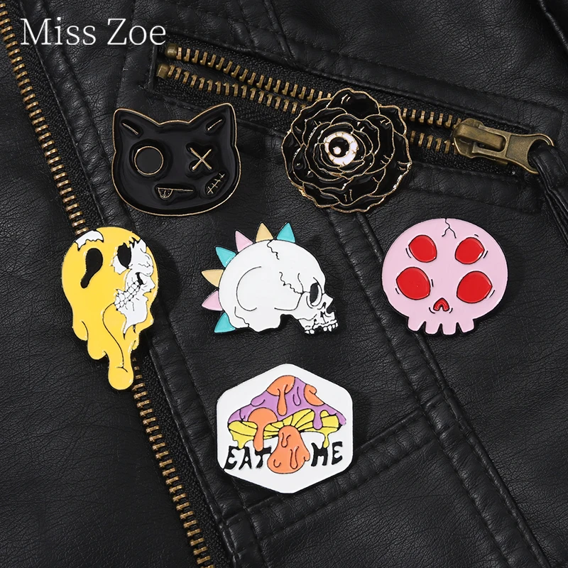 

Custom Eat Me Mushroom Enamel Pin Eyeball Punk Skull Rose On Backpack Clothes Brooches Pin Gift Party Horror Inspired Jewelry