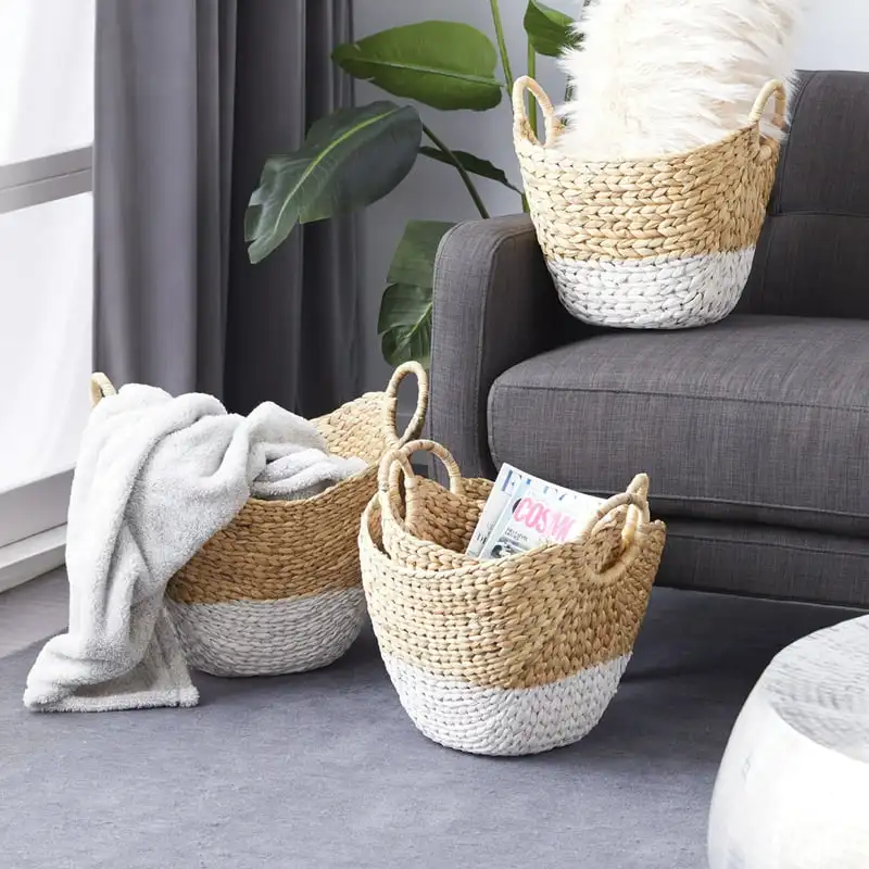 

17", 15", 13", 12"W Brown Seagrass Handmade Two Toned Storage Basket with Handles, 4-Pieces