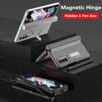magnetic hinge pen box case for samsung galaxy z fold 3 5g kickstand cover 360 full protection hard plastic case with glass