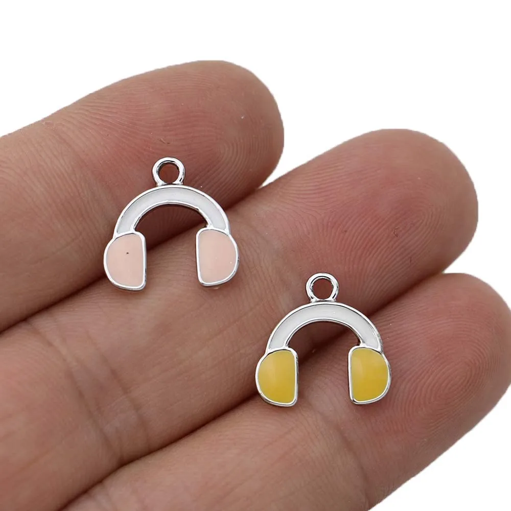 

5Pcs Silver Plated Enamel Pink Headset Charm Pendant for Jewelry Making Earrings Bracelet Necklace DIY Accessories Craft 10x15mm