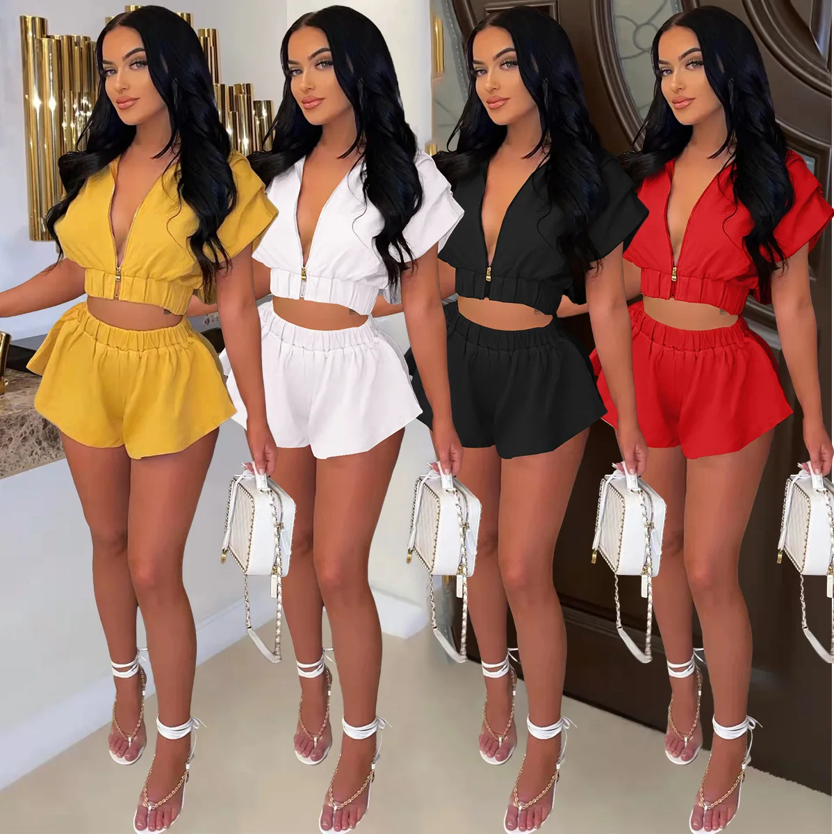 

Sexy Outfits for Woman Solid 2 Piece Sets Zipper Hooded Top and Shorts Sets