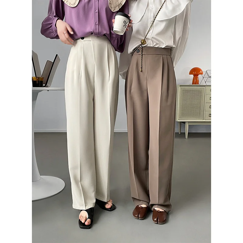 

Elastic High Waist Wide Leg Suit Pant Beige Khaki Black Spring Women Long Pants