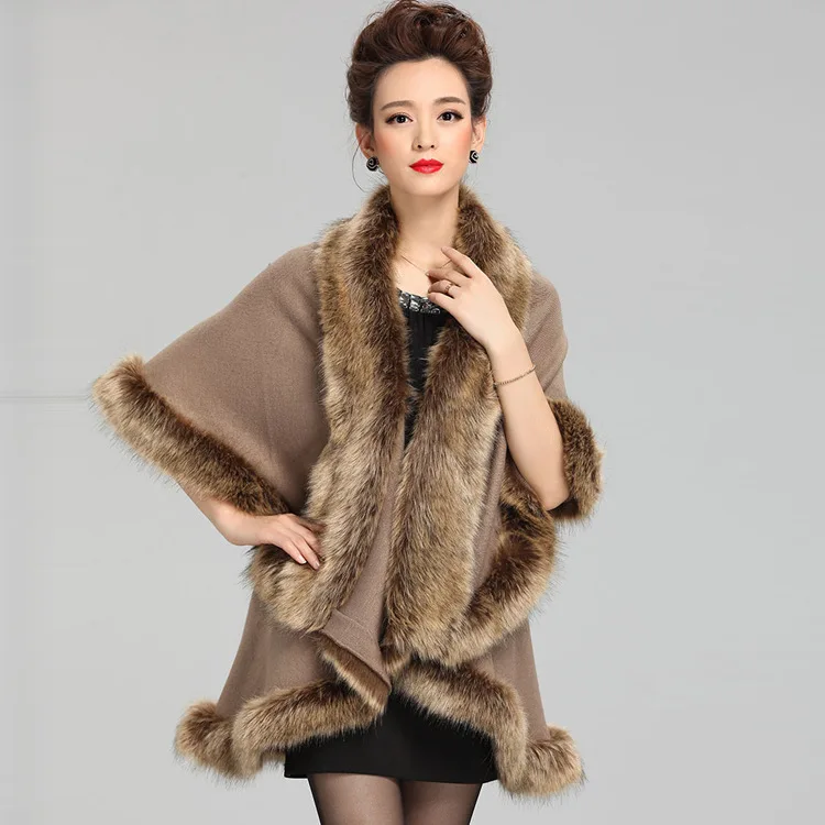 

Autumn Winter New Style Imitation Raccoon Fur Collar Knitted Cape Cardigan Warm Poncho Lady Capes Khaki Cloaks