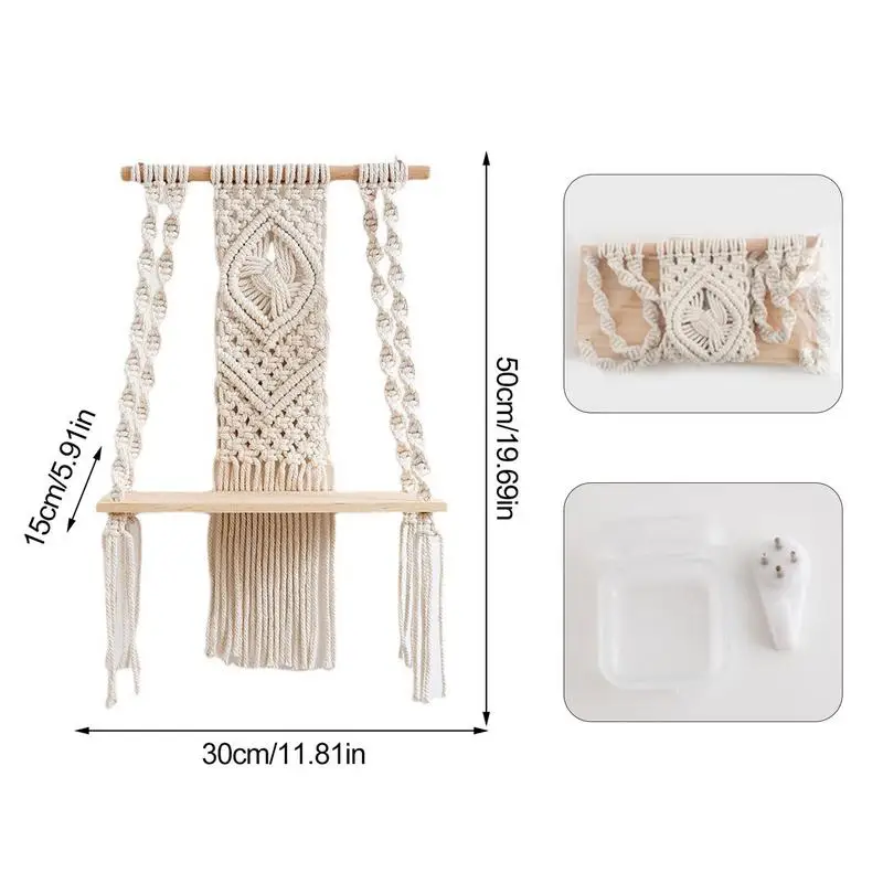 Макраме настенная полочка с двумя ярусами, большая белая ручной работы с подвесками из бахромы для держателя растений.