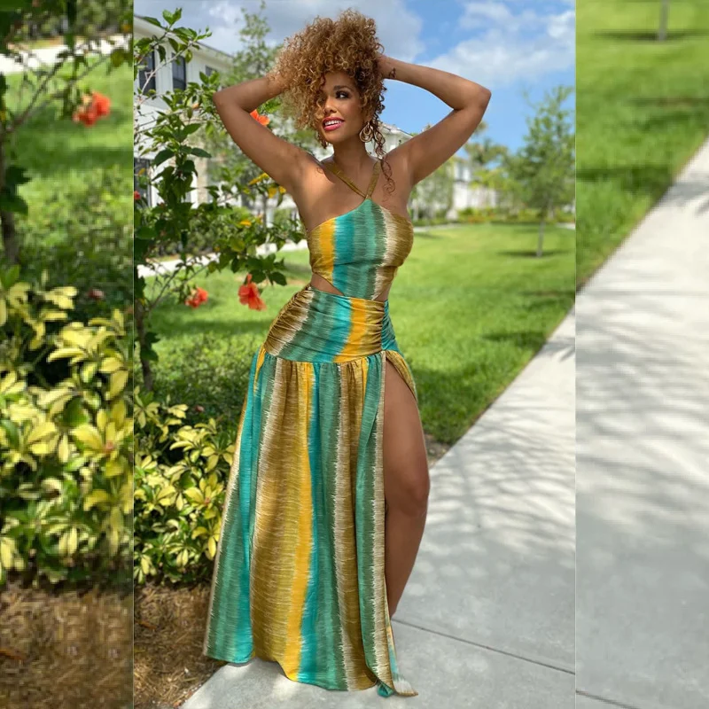 

WUHE Tie Dye Striped High Side Split A-line Maxi Skirt and Crop Top Matching Two 2 Piece Set Elegant Women Outfit 2022