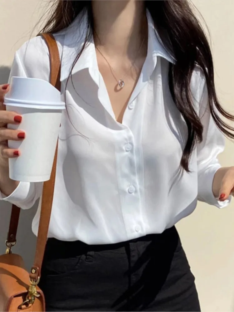 

New Summer Elegant Women Casual Office Lady White Shirt Vintage Full Sleeve Loose Chiffon Blouse Femme Fashion Korean Tops
