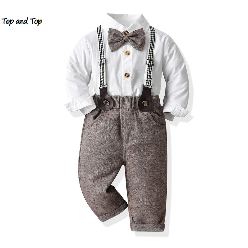 

Комплект одежды джентльмена для маленьких мальчиков, белая рубашка с длинным рукавом и бантом + штаны на подтяжках для дня рождения и свадьбы