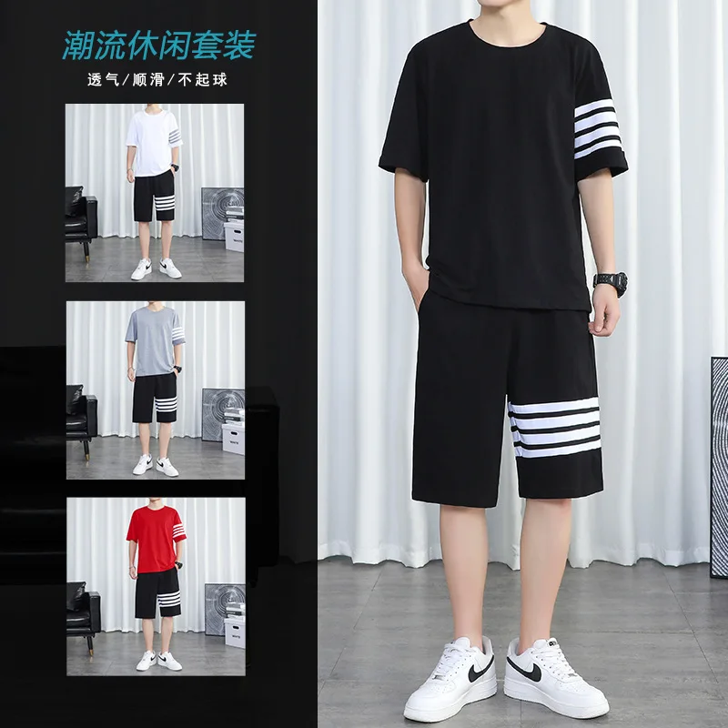 

Костюм из четырех атласных шортов с коротким рукавом, Мужская одежда, летняя хлопковая удобная модная молодежная одежда из двух предметов д...