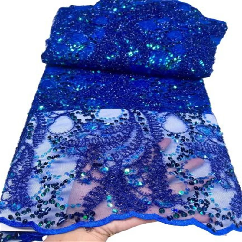 

Королевский синий новый дизайн французская Сетка кружевная ткань Высокое качество Блестки Флокирование африканский тюль кружевная ткань ...