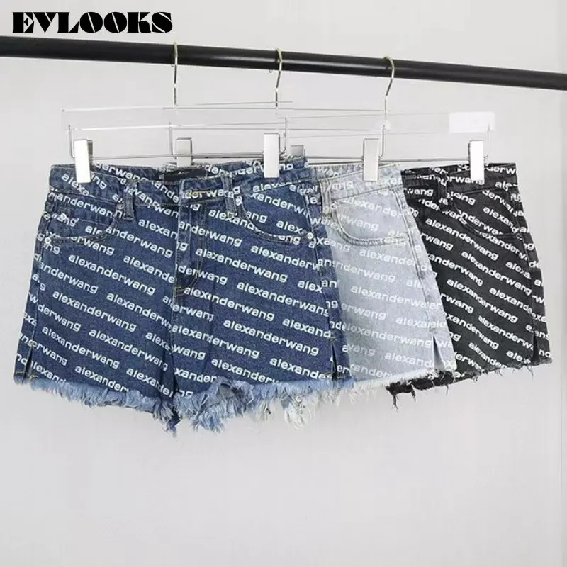 

Женские джинсовые широкие шорты evlook, синие свободные брюки с высокой талией и буквенным принтом, L133