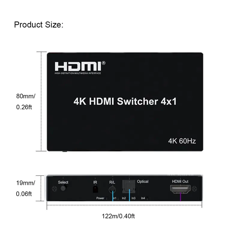 Переключатель 4K, 60 Гц, адаптер HDMI 2.0, 4 в 1, выход HDMI, селектор переключателя 4x1, полный 3D, поддержка HDCP2.2, HDTV Xbox PS3 PS4 (art.: 3920d20d074e2) - 3920d20d074e2