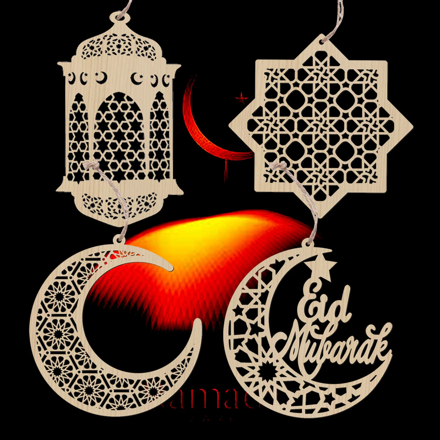 

Wooden Pendant Ornament Ramadan Kareem Hollow Decoration Moon Star Wind Light Shape Pendant Ornament Happy Eid Hanging Sign