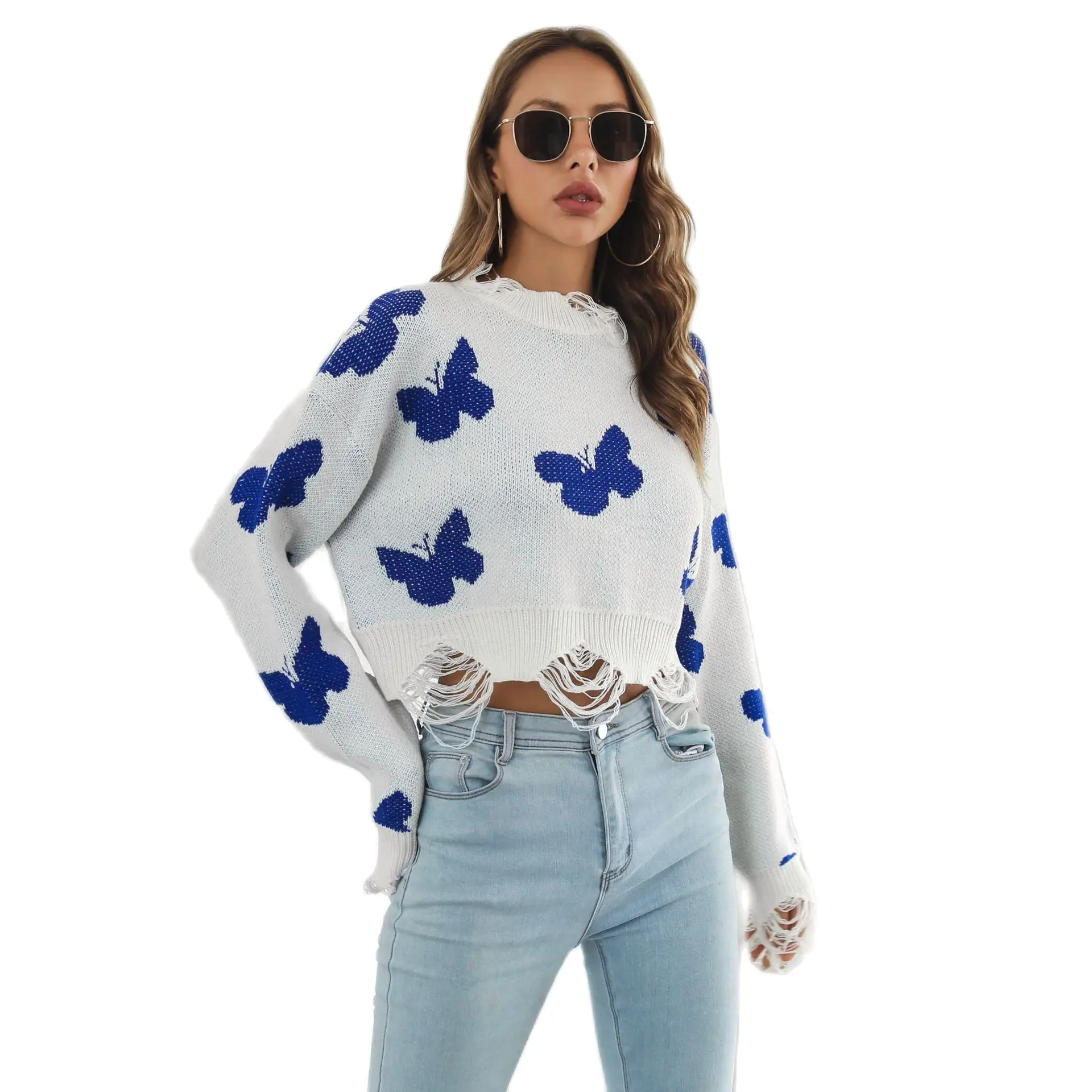 

Ladies Short Knitted Tops Women Pullovers Sweater Casual Loose Hole Crop Top Autumn Winter Butterfly Jacquard Knitwear Sweaters
