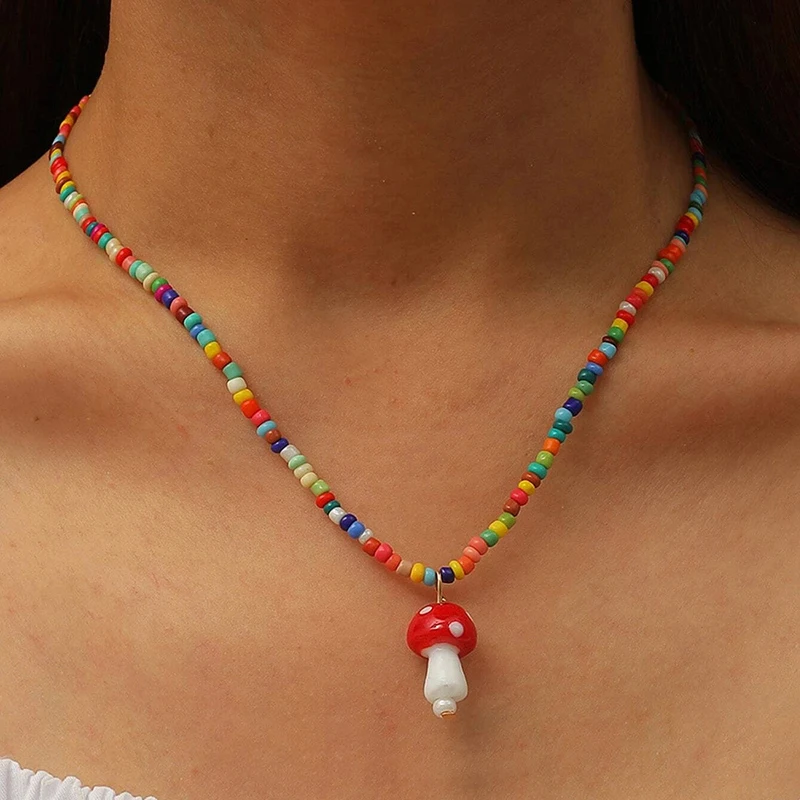 

Colorful Beaded Mushroom Pendant Necklaces Women INS New Handmade Adjustable Party Jewelry Collar