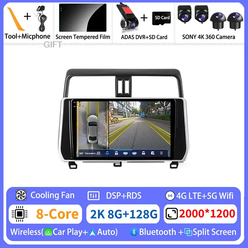 

Беспроводная камера Android 15 Carplay для Toyota Land Cruiser Prado 150 2018-2020 Audio 360 Camera 4G LTE DSP 5G WIFI Мультимедиа Auto BT