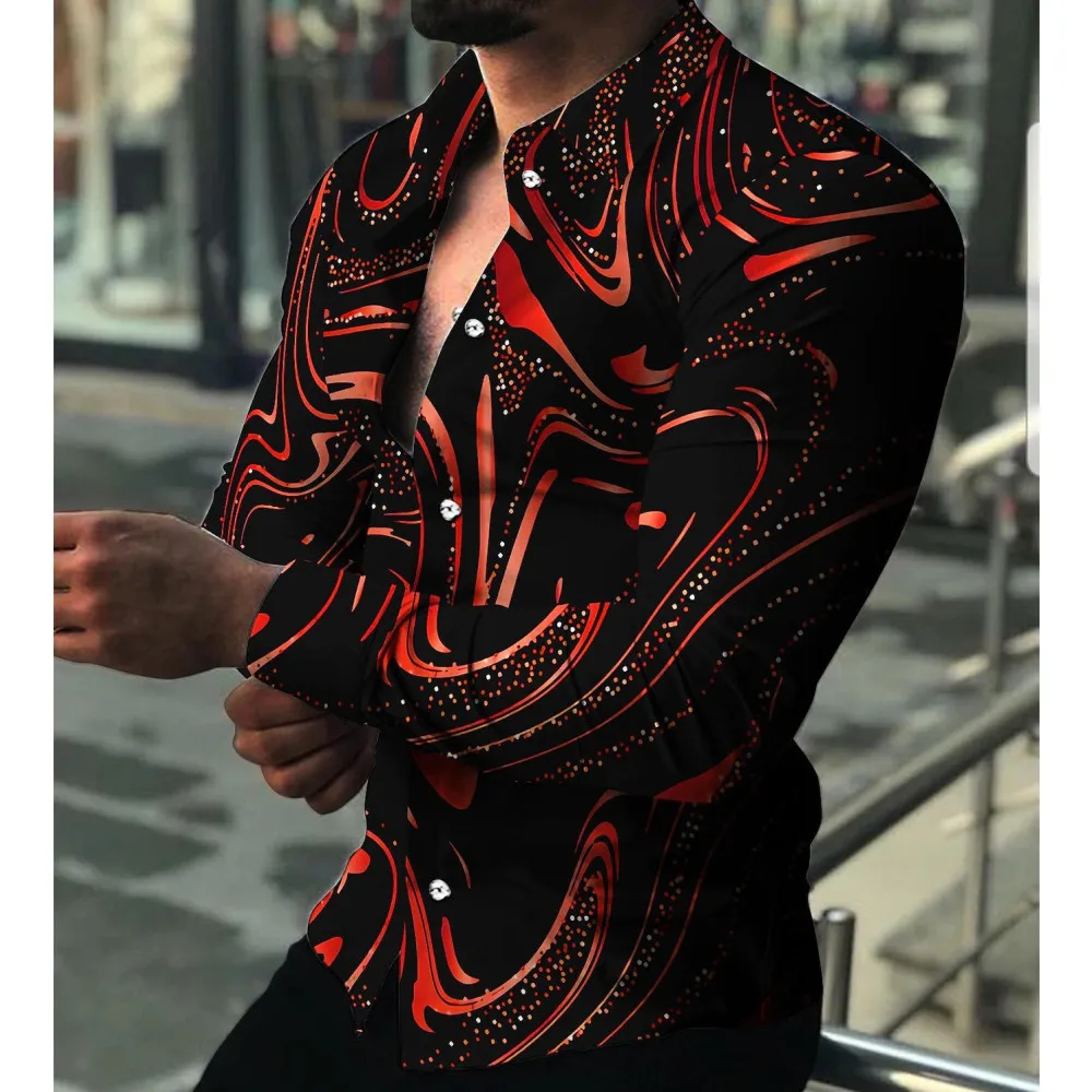 Mens Printed Long Sleeve Shirts Casual Cardigan New Button Holiday Fashion Shirts