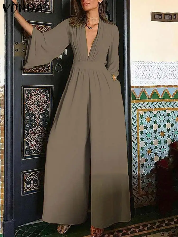 

Female V Neck Overalls Romper Women Long Jumpsuit VONDA 2022 Wide Leg Loose Party Playsuits 3/4 Sleeve Casual Playsuit