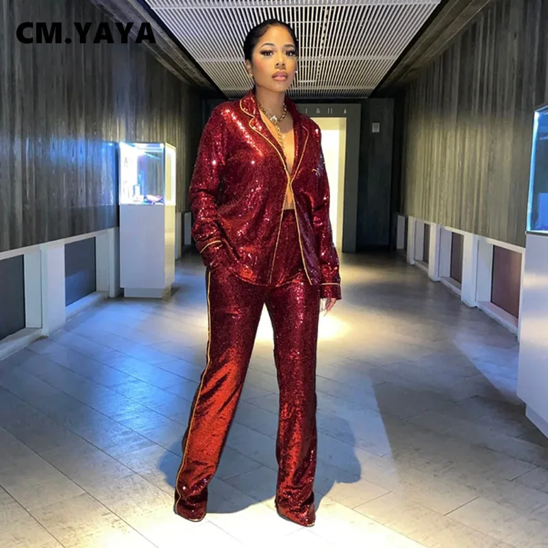 CM.YAYA Elegant Sequins Women's Set Blazer Shirt and Wide Leg Pants 2022 Sexy Party Evening Night Two 2 Piece Outfits |