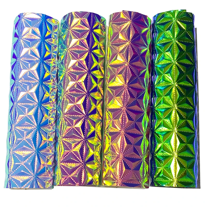 

XHT 3D Geometric Pattern Embossed Holographic Metallic Dichroic PU Faux Leather Fabric Sheet for Bag/Handbag/Craft