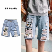 ripped jeans mens casual shorts straight knee length pants printed shorts for men loose ripped denim shorts hip hop streetwear