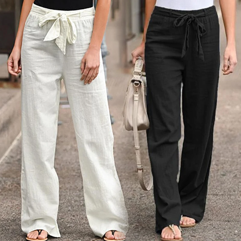 Women Casual Straight Trousers Loose Long Pants Elastic Waist Summer Casual Solid Linen Cotton Harajuku Pants Sports Big Size