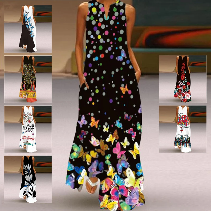 

Винтажное платье без рукавов с принтом бабочки, модное Повседневное платье с V-образным вырезом, пляжный сарафан 2022, Летние Элегантные строг...