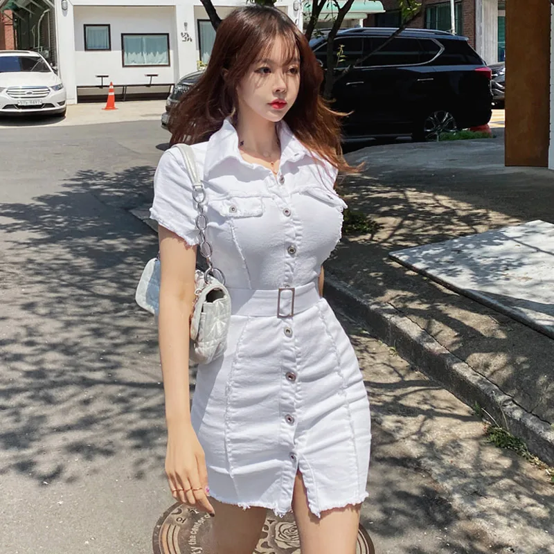 

Korean Temperament Slim Single-breasted Short-sleeved Bag Hip Denim Dress Womens Clothing Summer 2023 New in Dresses One Pieces