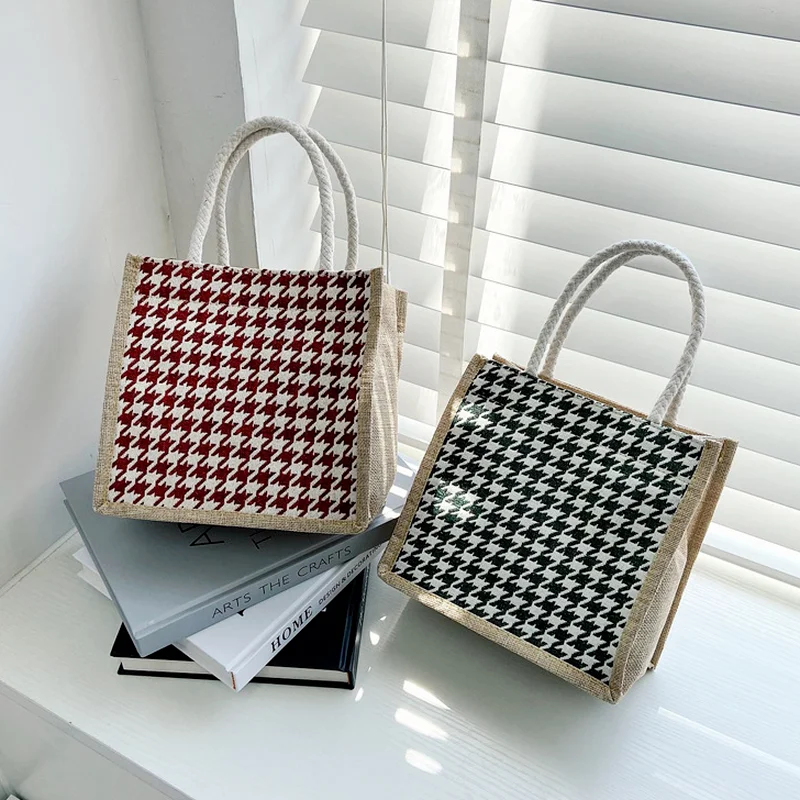 

2022 New Fashion Ladies Cotton Linen Shoulder Bag Shopping Bag Handbag Plaid Linen Canvas Shopping Bag Top-Handle Bags