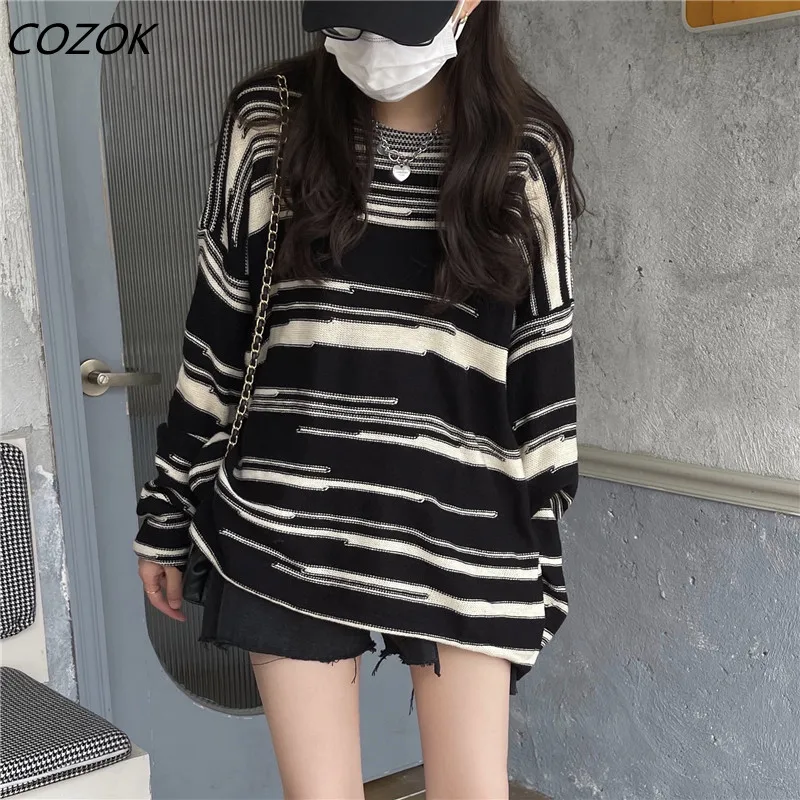 

Striped Modis Chic Knitted Sweater Women Casual Office Loose Pullover Elegant Ladies Sweaters