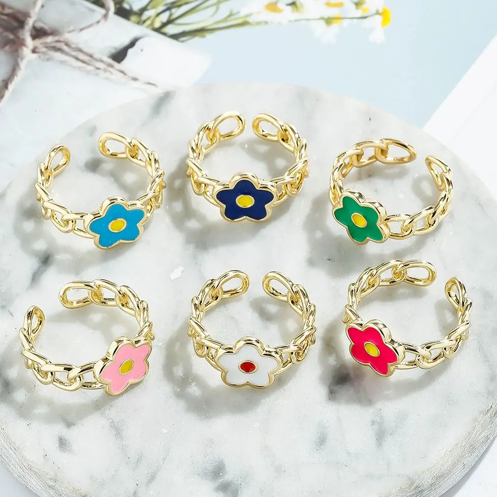

Cute Flower Women Rings Kawaii Korean Fashion Enamel Alloy Finger Ring Gold Color Jewelry Gift Pink Red Adjustable Rings