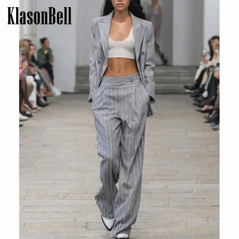 

10,26 KlasonBell подиумный модный тяжелый промышленный бриллиантовый полосатый двубортный пиджак или прямые брюки с высокой талией