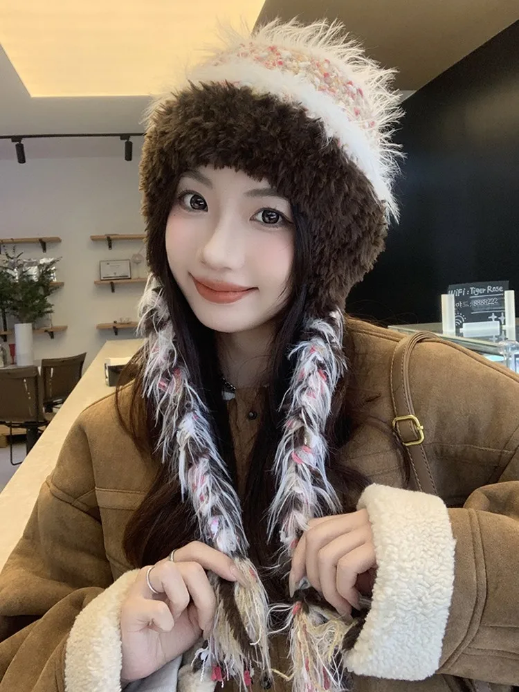 Осенне-зимняя полосатая лоскутная вязаная шерстяная шапка женская толстая