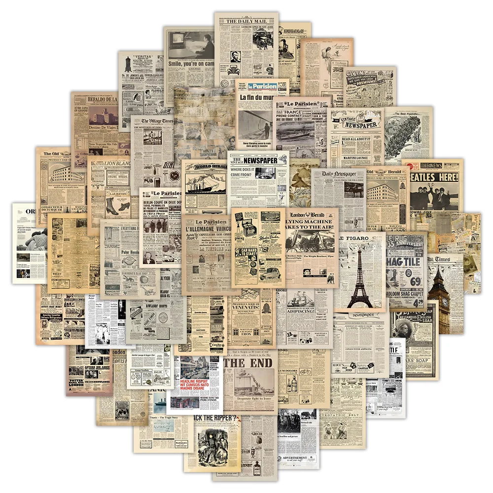 60PCS Vintage Magazine Newspaper Poster Stickers Aesthetic Toys DIY Notebook Phone Guitar Waterproof Cool Retro Decal Decorative