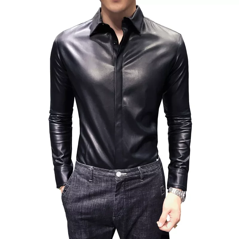 Men's Casual Slim Fit Leather Shirt Long Sleeve Business Men's Camisa Social Masculina Trend Brand Fashion Black Leather