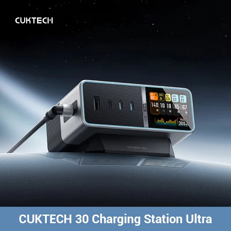 Фото Зарядное устройство CUKTECH 30 Ultra 300W MAX GaN с 1,83-дюймовым IPS-дисплеем и магнитной зарядной станцией для настольного использования №1