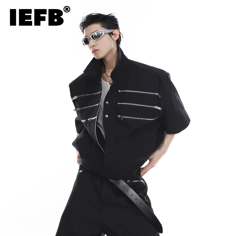 

IEFB High Street Men's Niche Design Short Sleeve Jackets Multi Zipper Shoulder Pad Loose Cardigan Coat 2023 Fashion New 9A8884