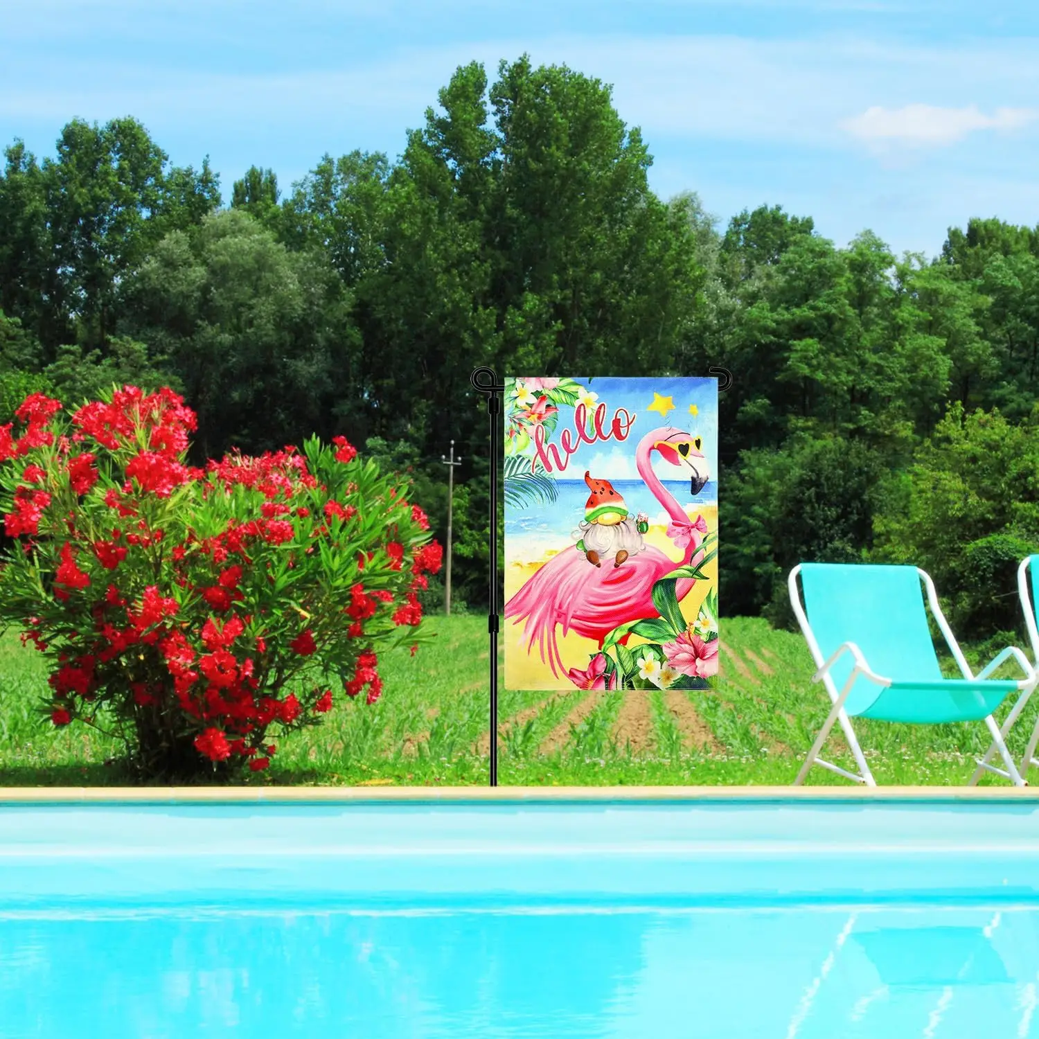 Фото Флаг для сада Dohia Hello Summer Flamingo 12x18, вертикальный, двусторонний, с гавайским морским пейзажем, для пляжной вечеринки, баннер для двора, сезонный, для улицы WZZ №3