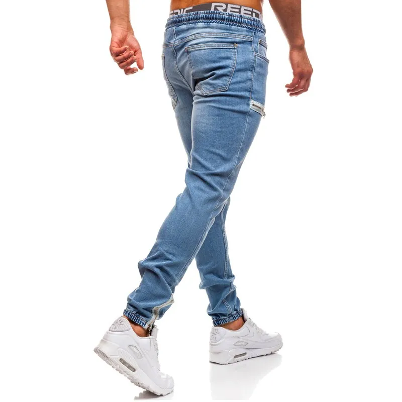 New Men's Jeans Scrub Zipper Lace Up Stretch Men's Jeans Black Denim Casual Sports Pencil Pants Fashion Slim Straight Pants
