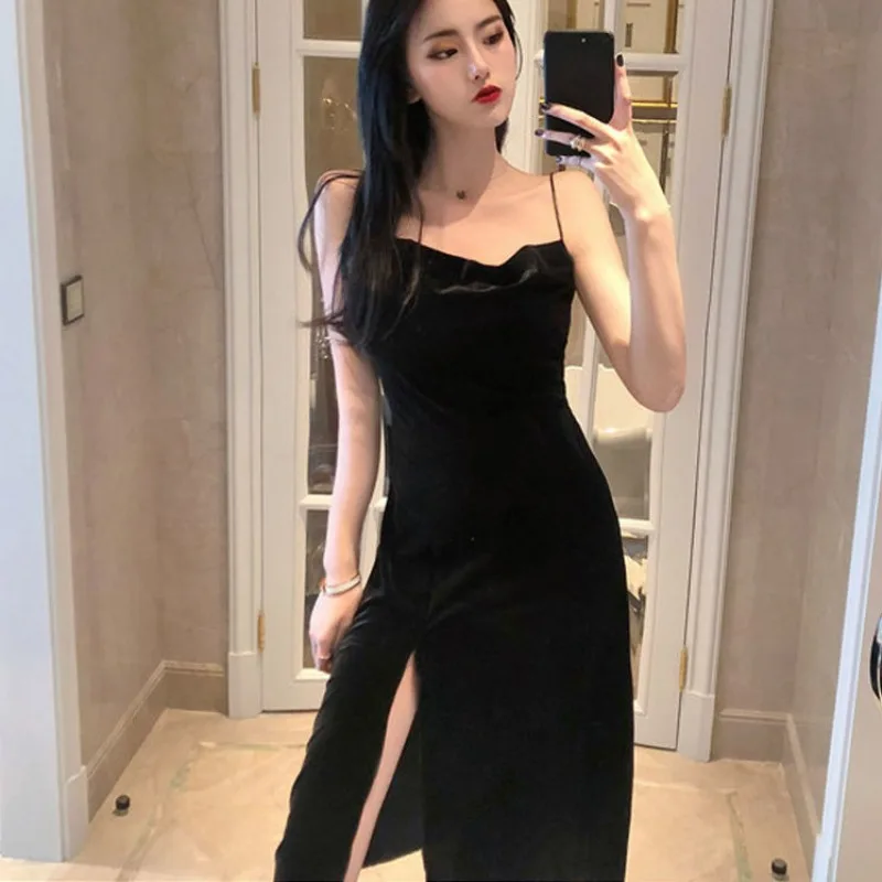 

2023 New Spring Summer Long Women Dress with Gold Velvet Bottom Suspended Strap Skirt Over Knee Sexy Slim Fit Slim Female Skirt