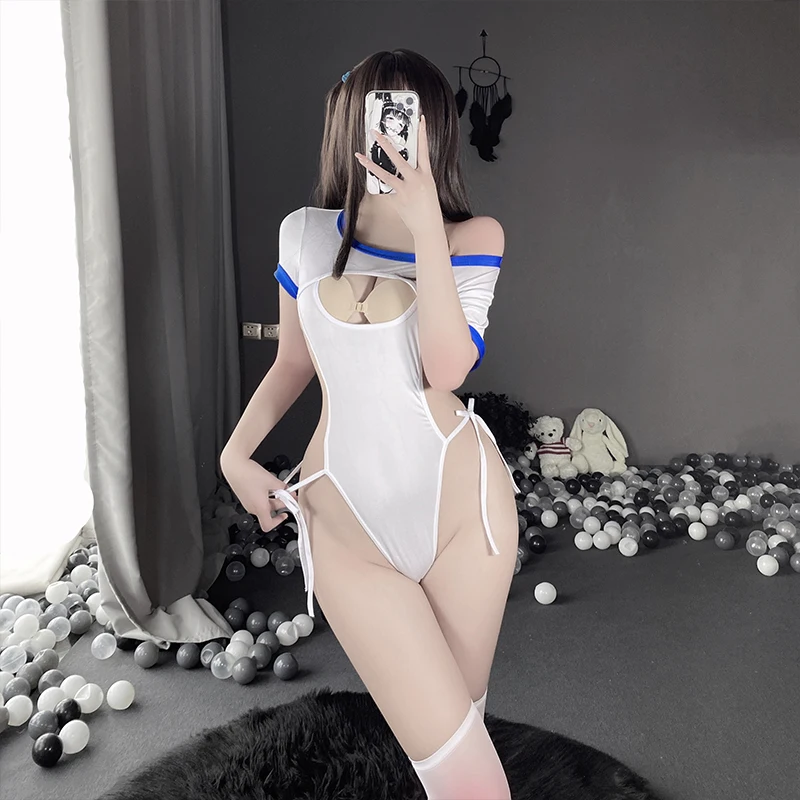 

Anime Sexy Lingerie Women School Girl Cosplay Hollowed Out Breast Uniform Open Crotch Side Waist Bandage Temptation Costume