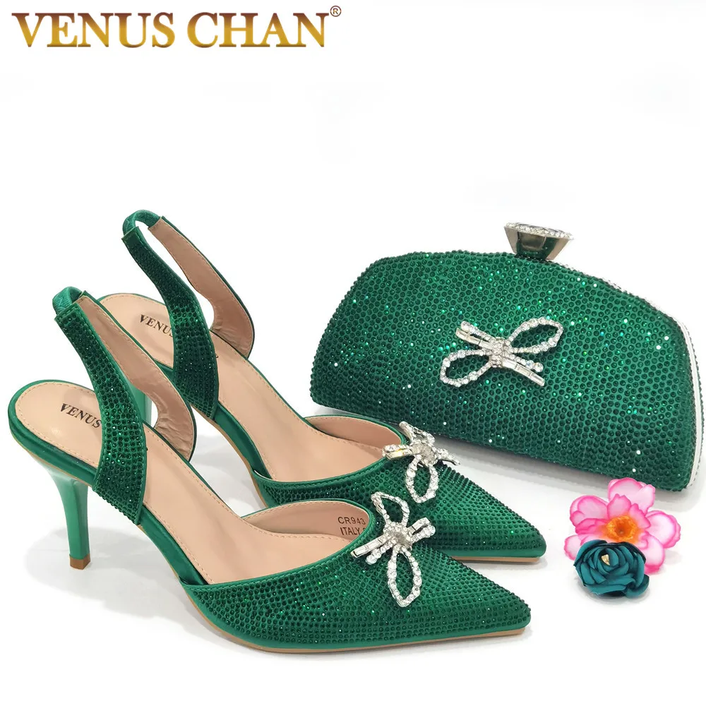 Venus Chan Latest 2023 New Green Pointed Flash Diamond Decorative High Heels Elegant And Delicate Party Ladies Shoes And Bag Set