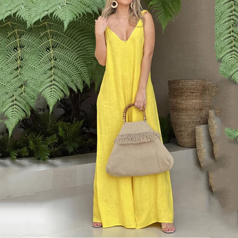 

LIYONG Women Jumpsuit Summer Fashion Solid Color Sling V Neck Sleeveless Loose Style Long Pants Rompers High Streetwear