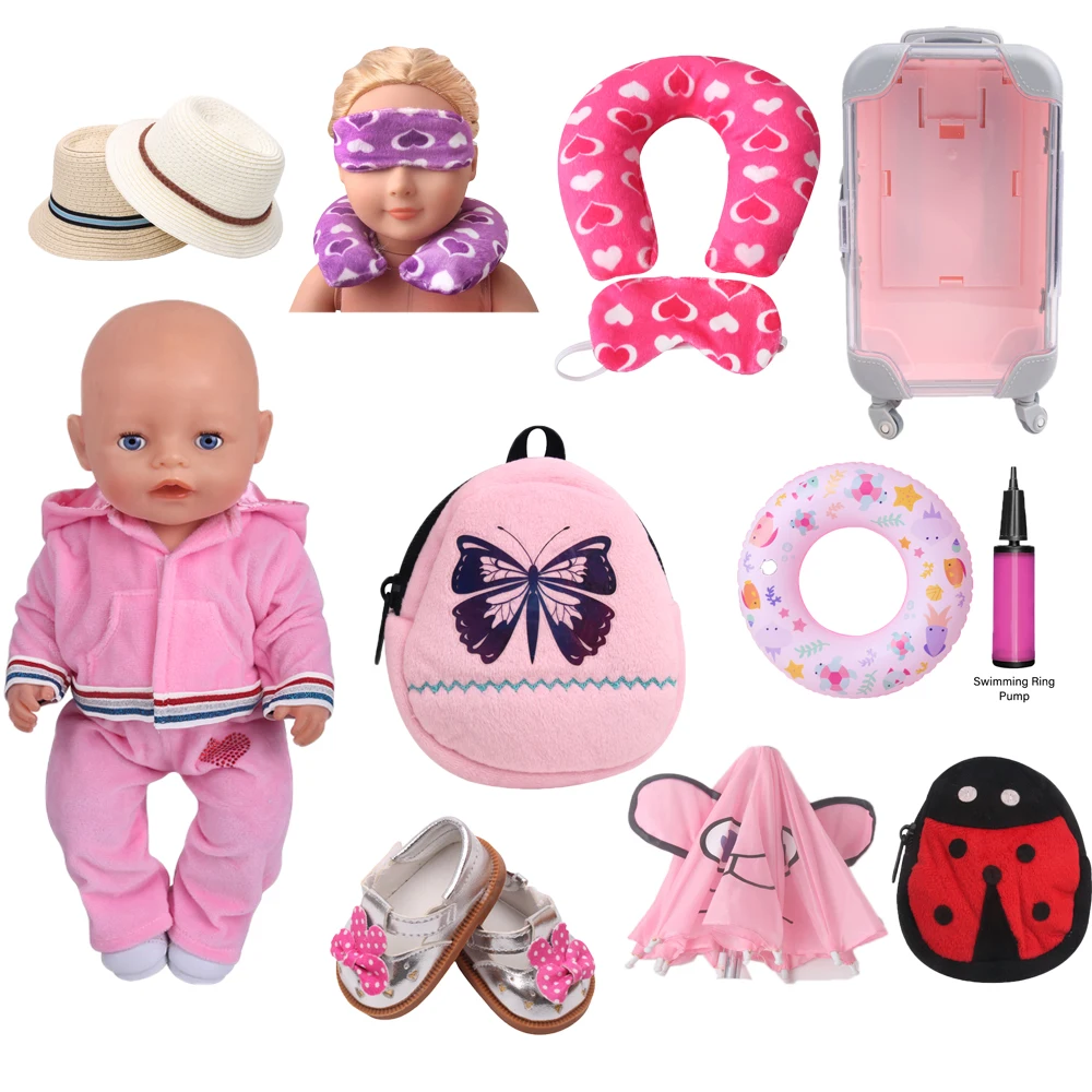 

Doll Clothes Sportswear Suitcase Swimsuit Hat Schoolbag Umbrella Shoe Eye Mask U-shaped Pillow 18 Inches USA & 43Cm Born Newborn