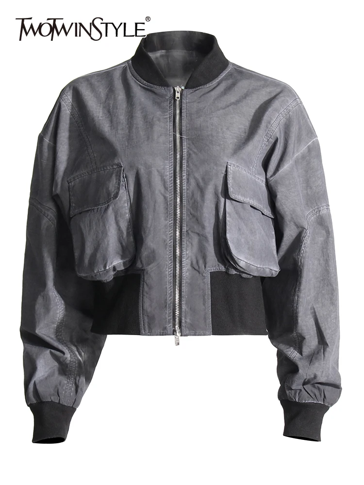 

TWOTWINSTYLE Patchwork Zipper Vintage Jackets For Women Stand Collar Long Sleeve Spliced Pockets Streetwear Coats Female Fashion