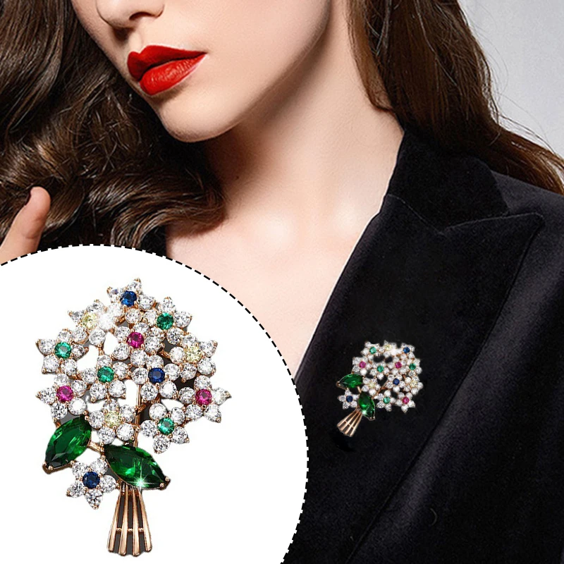 

Elegant Exquisite Brooch Pin Women's Color Zircon Flower Bouquet Collar Pin Accessories Creative Design Sense Niche Suit Corsage